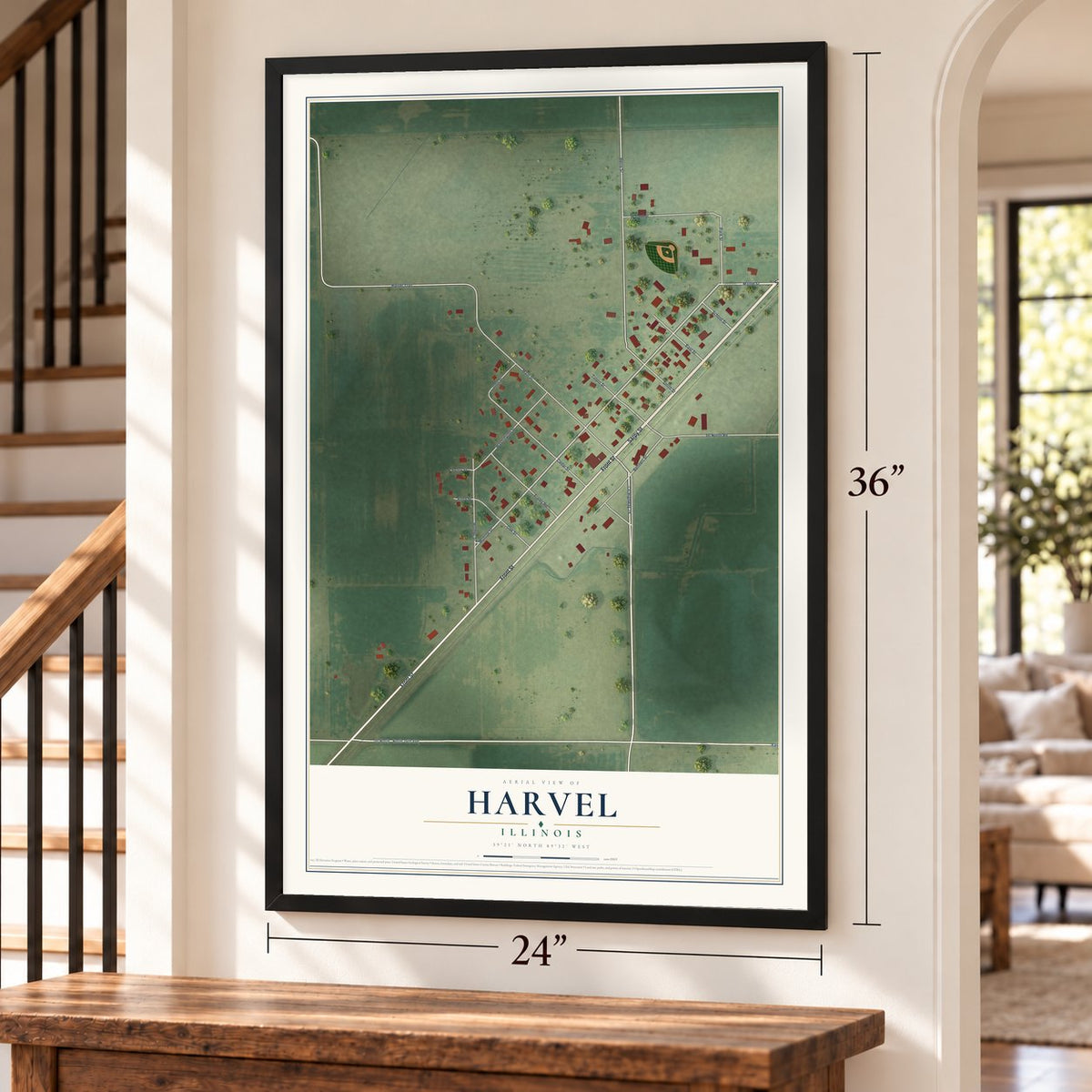 Harvel, Illinois map, 24 x 36 inch print in a black frame by a staircase