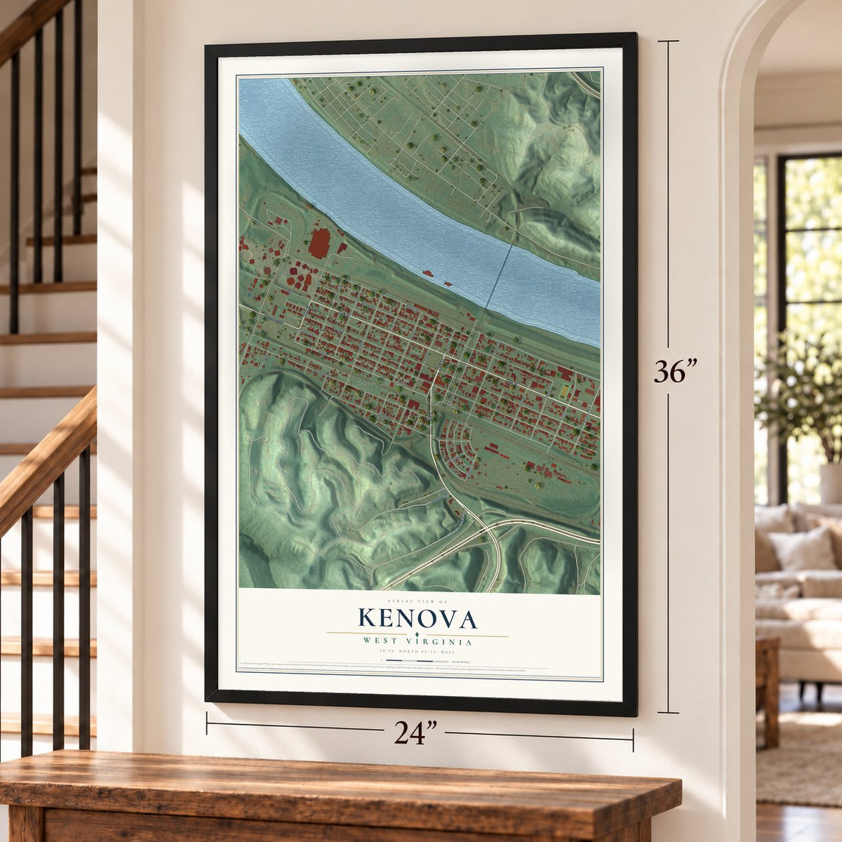Kenova, West Virginia map, 24 x 36 inch print in a black frame by a staircase