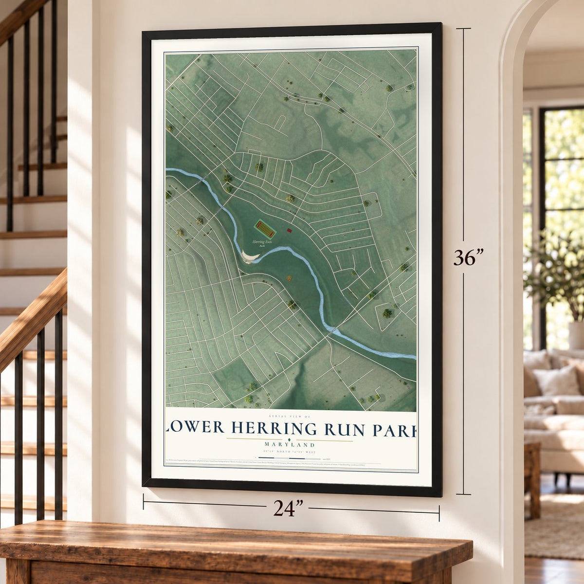 Lower Herring Run Park, Maryland map, 24 x 36 inch print in a black frame by a staircase