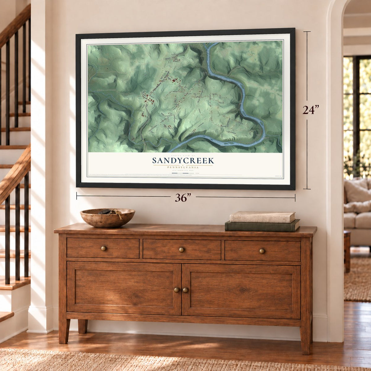 Sandycreek, Pennsylvania map, 24 x 36 inch print in a black frame above a dresser by a staircase