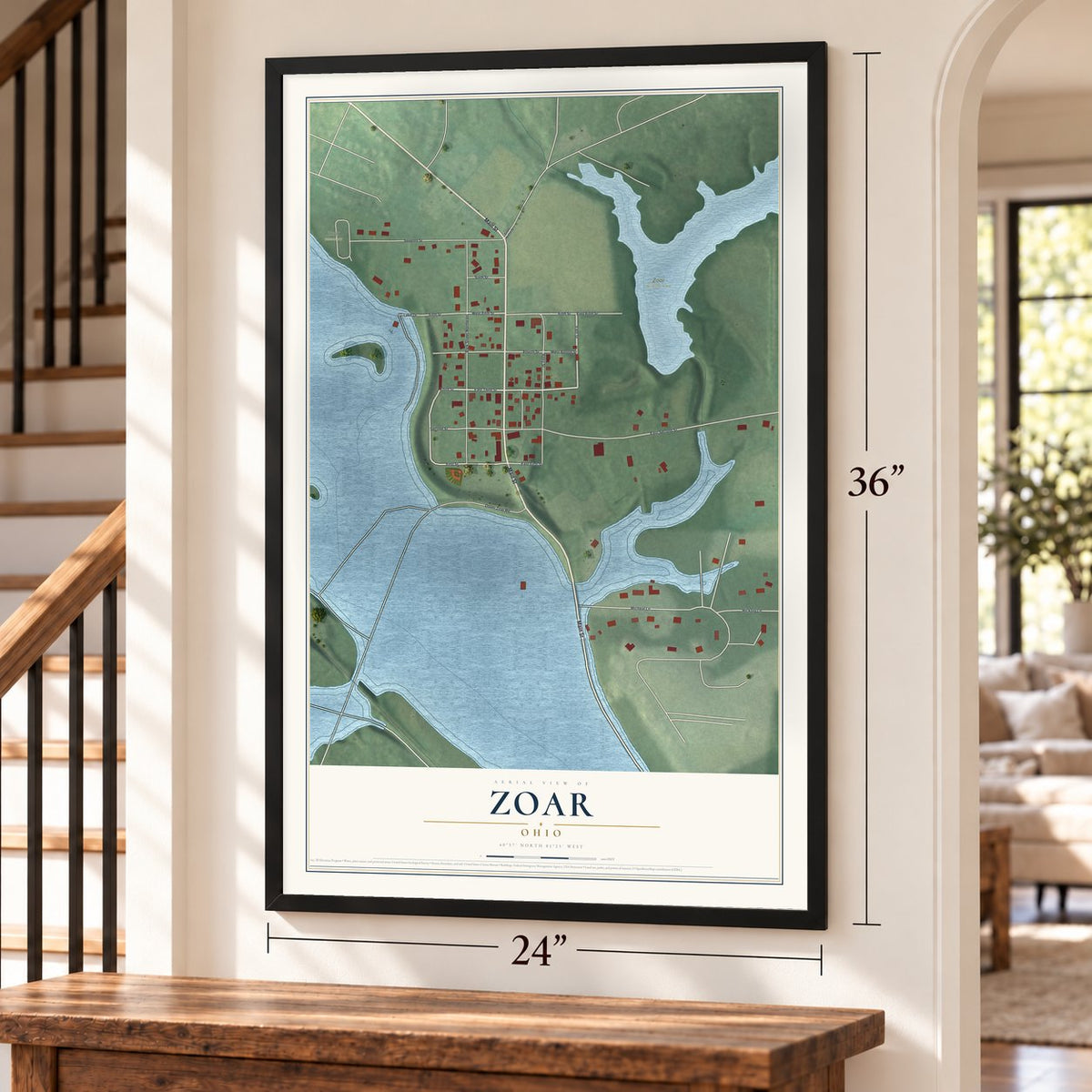 Zoar, Ohio map, 24 x 36 inch print in a black frame by a staircase