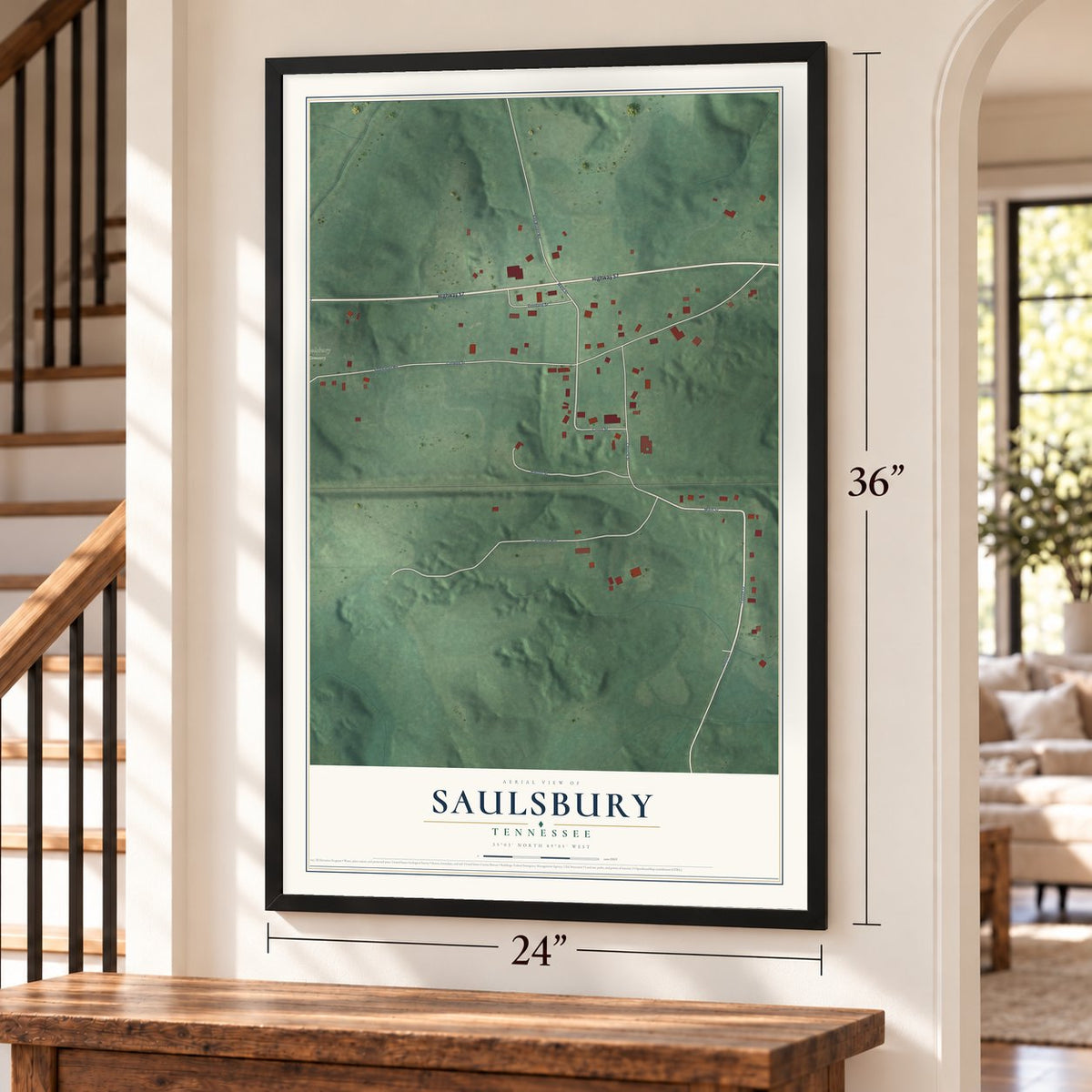 Saulsbury, Tennessee map, 24 x 36 inch print in a black frame by a staircase