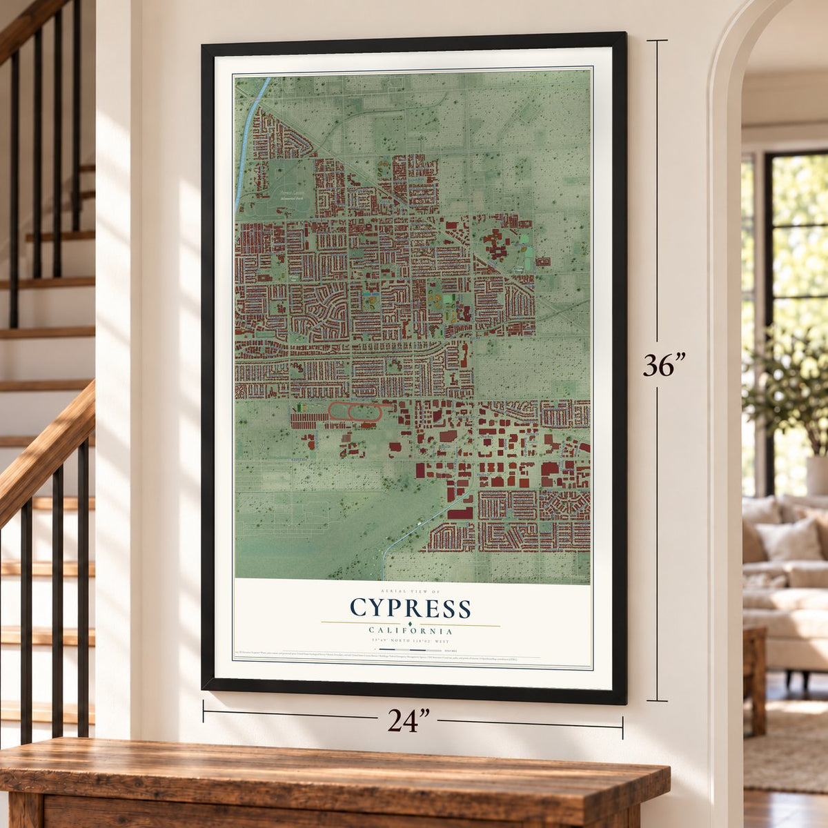 Cypress, California map, 24 x 36 inch print in a black frame by a staircase