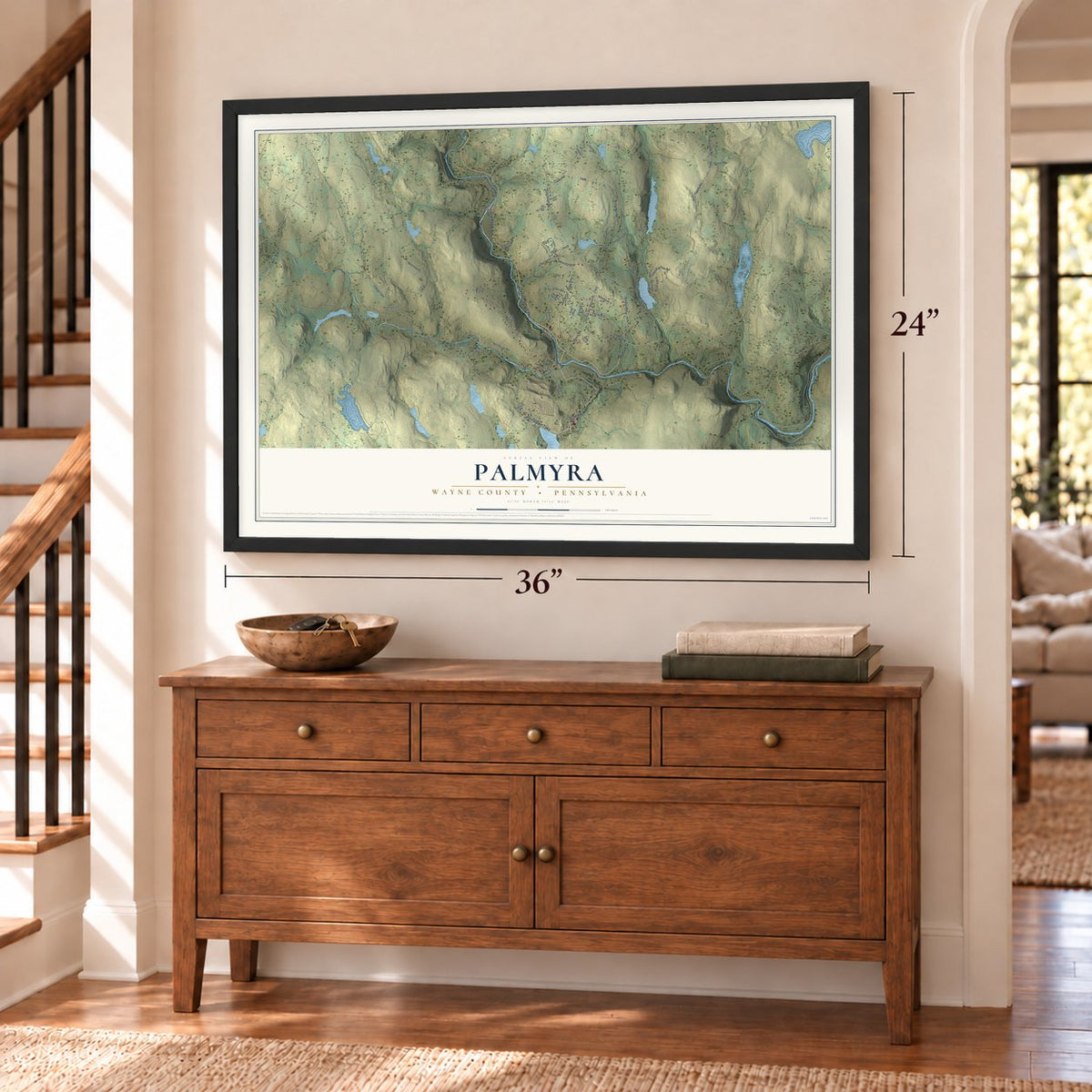 Palmyra, Wayne County, Pennsylvania map, 24 x 36 inch print in a black frame above a dresser by a staircase