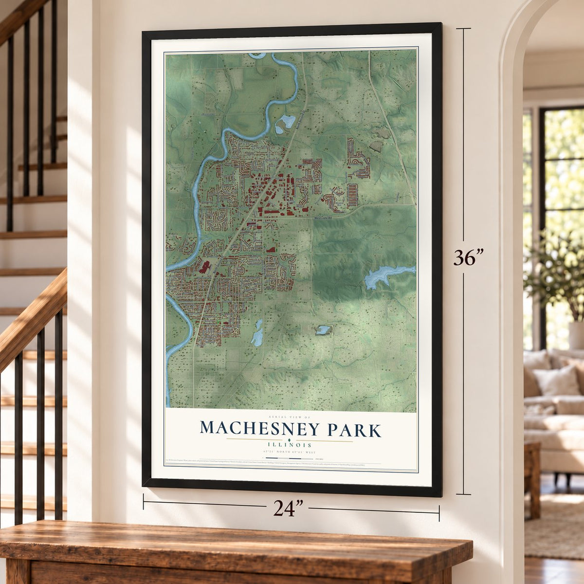 Machesney Park, Illinois map, 24 x 36 inch print in a black frame by a staircase