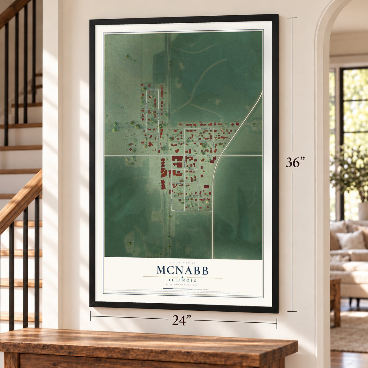 McNabb, Illinois map, 24 x 36 inch print in a black frame by a staircase