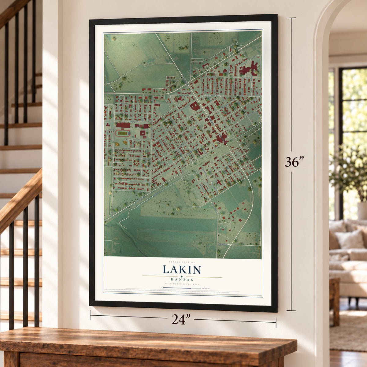 Lakin, Kansas map, 24 x 36 inch print in a black frame by a staircase