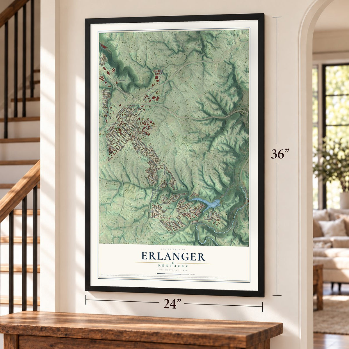 Erlanger, Kentucky map, 24 x 36 inch print in a black frame by a staircase