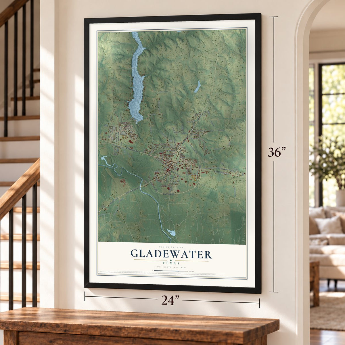 Gladewater, Texas map, 24 x 36 inch print in a black frame by a staircase