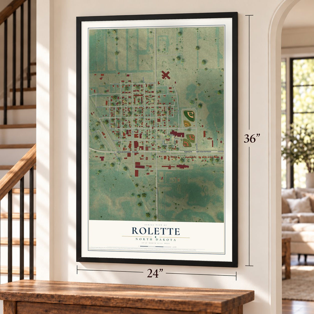 Rolette, North Dakota map, 24 x 36 inch print in a black frame by a staircase