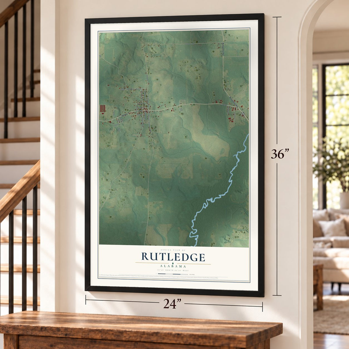 Rutledge, Alabama map, 24 x 36 inch print in a black frame by a staircase