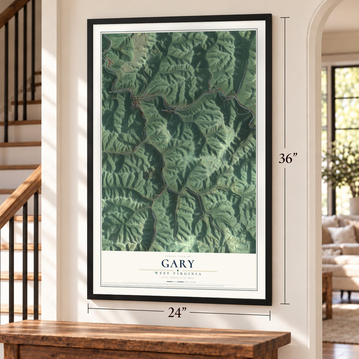 Gary, West Virginia map, 24 x 36 inch print in a black frame by a staircase