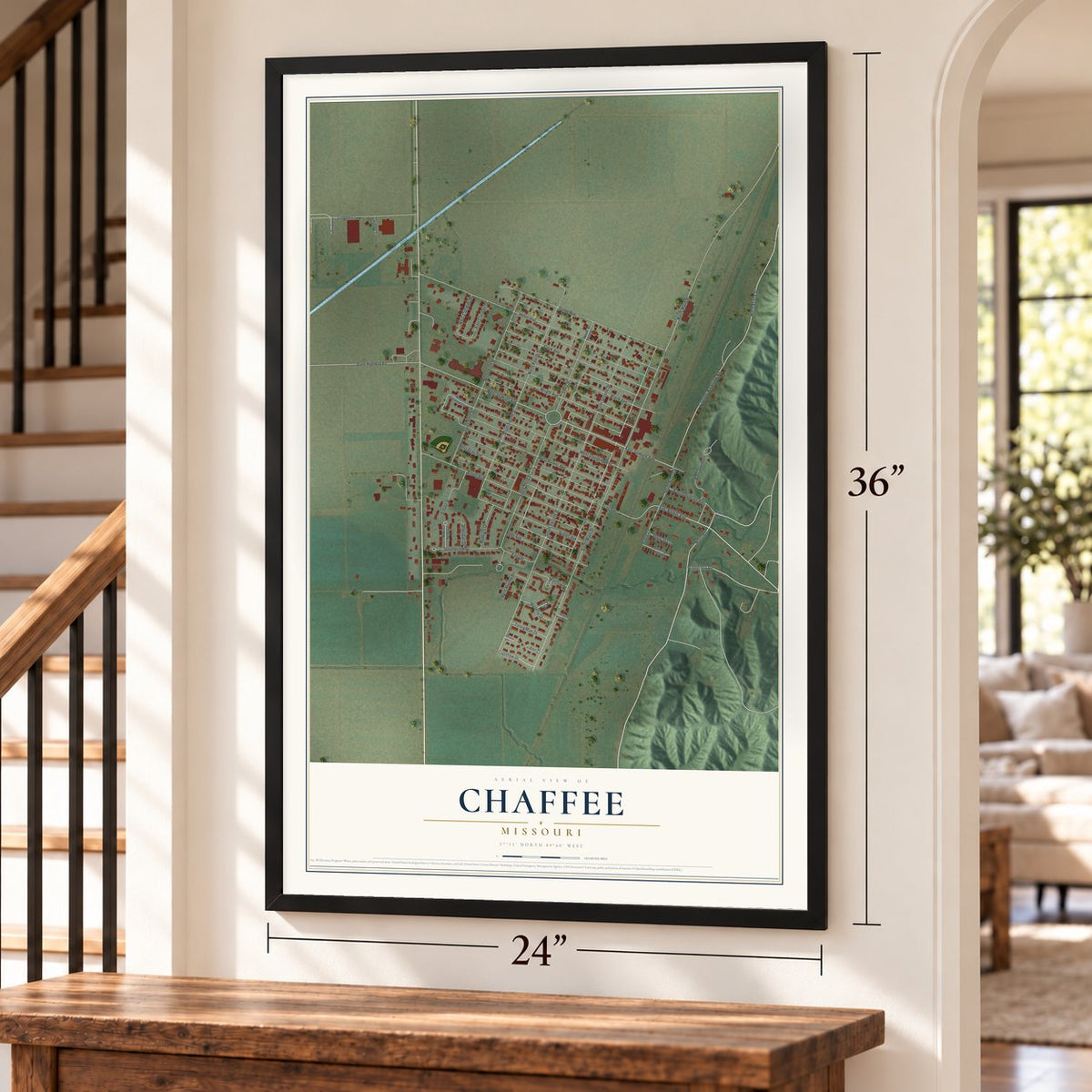 Chaffee, Missouri map, 24 x 36 inch print in a black frame by a staircase