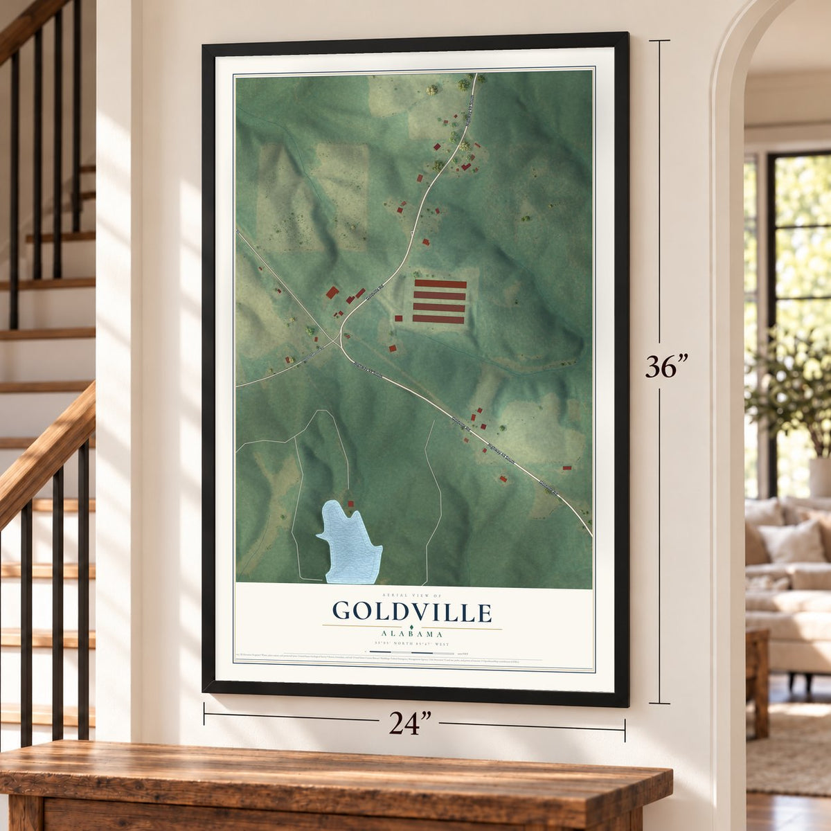Goldville, Alabama map, 24 x 36 inch print in a black frame by a staircase