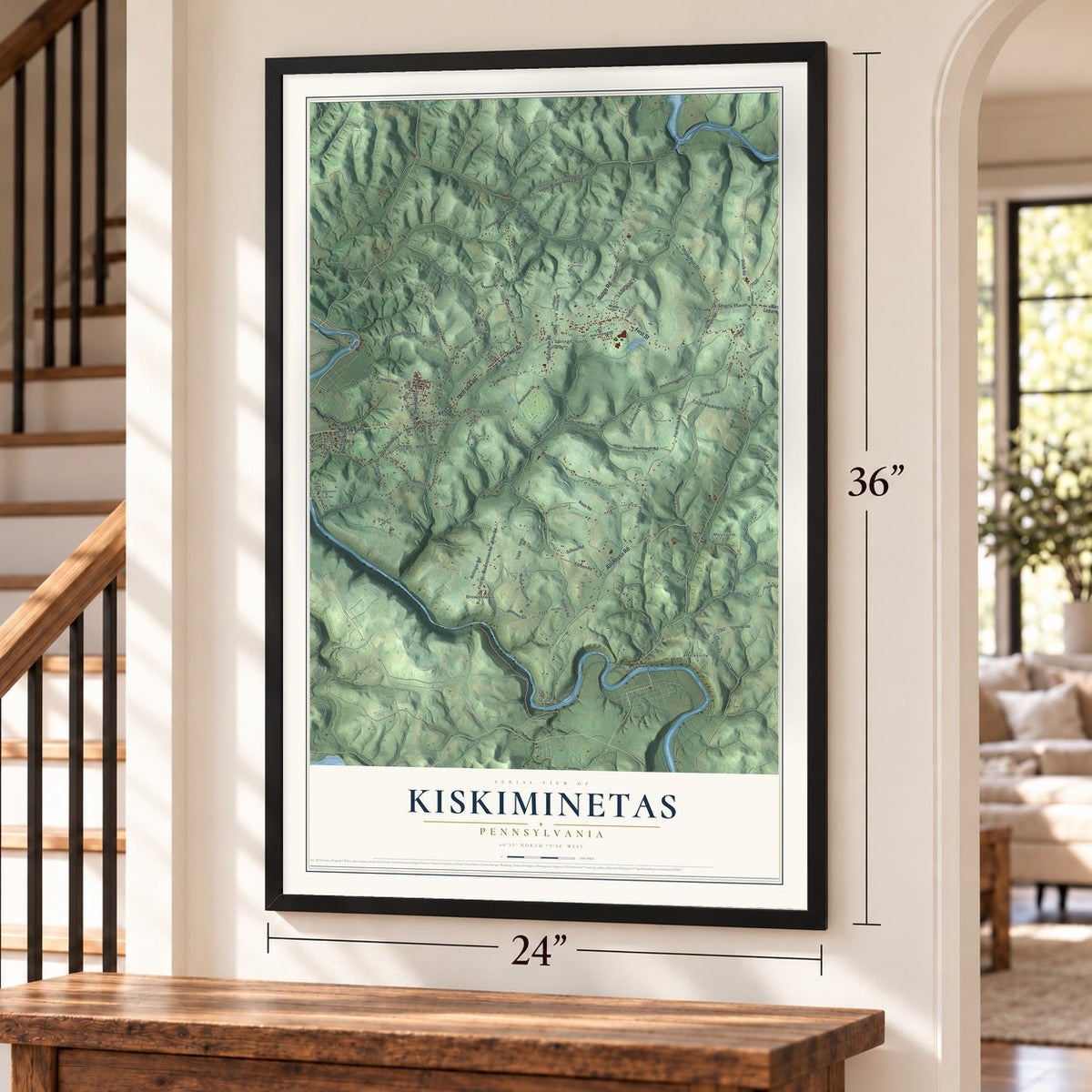 Kiskiminetas, Pennsylvania map, 24 x 36 inch print in a black frame by a staircase
