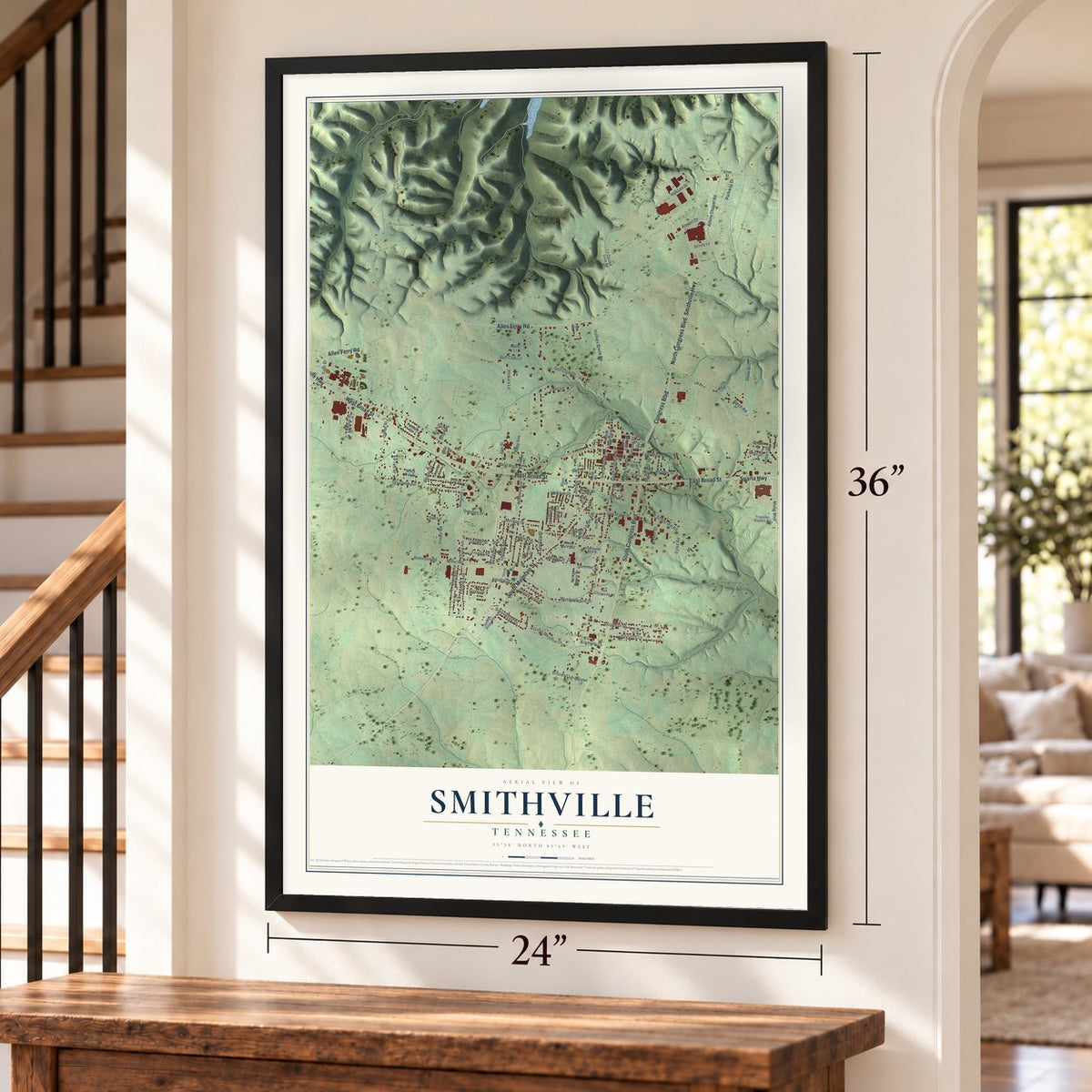Smithville, Tennessee map, 24 x 36 inch print in a black frame by a staircase