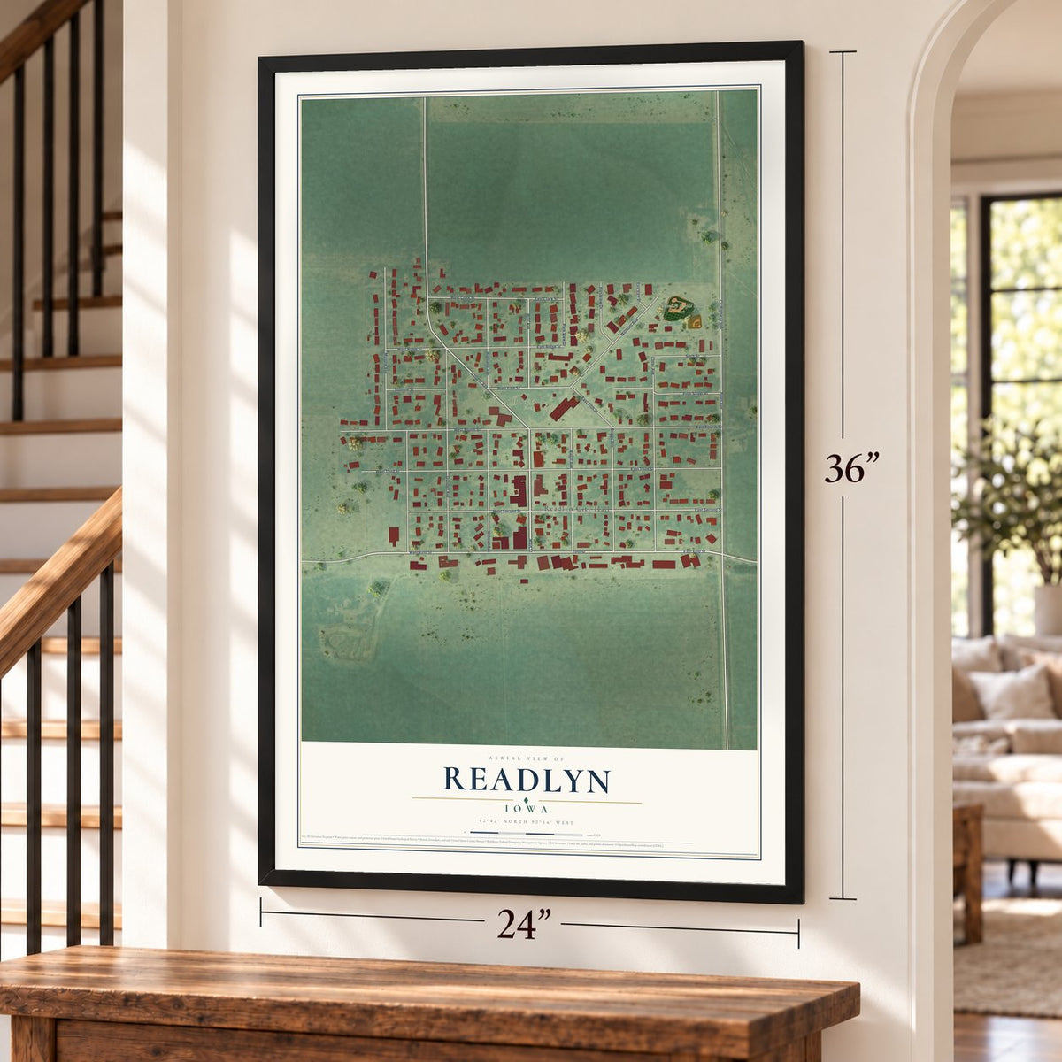 Readlyn, Iowa map, 24 x 36 inch print in a black frame by a staircase