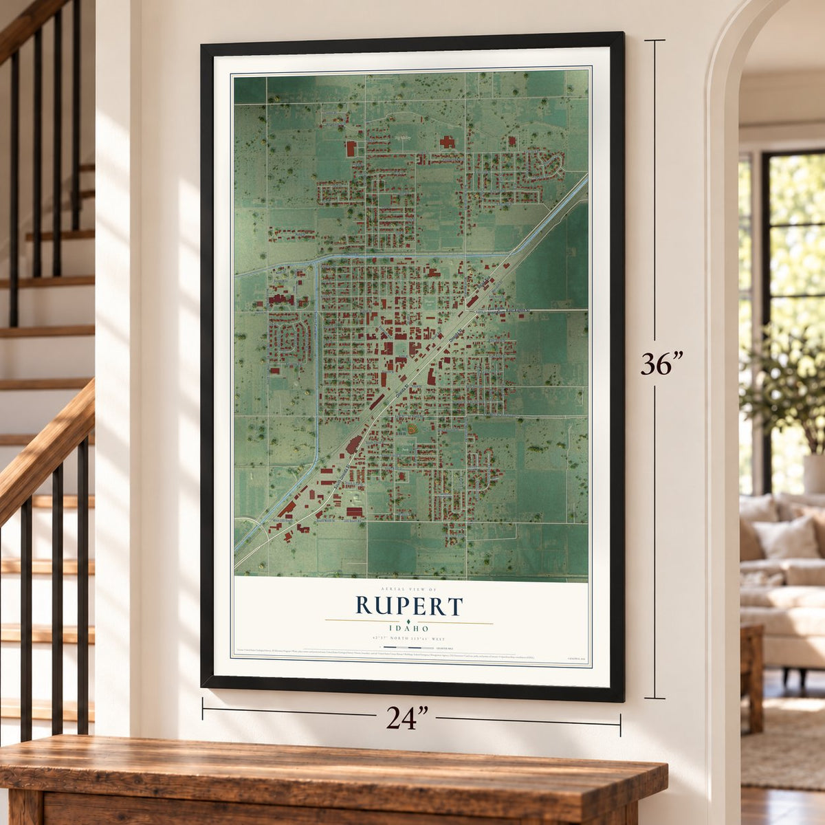 Rupert, Idaho map, 24 x 36 inch print in a black frame by a staircase
