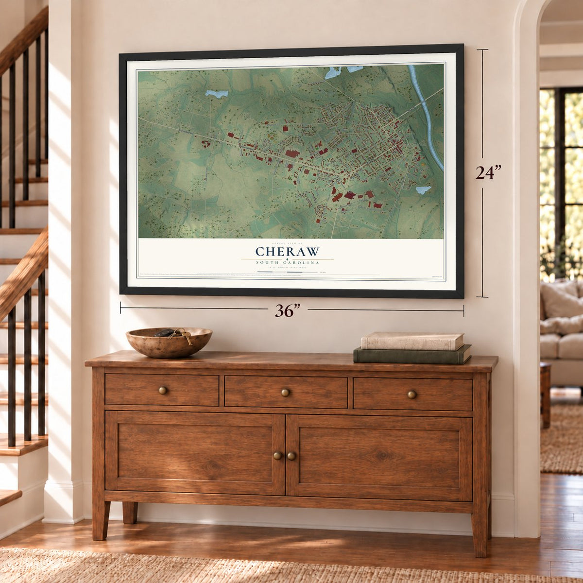 Cheraw, South Carolina map, 24 x 36 inch print in a black frame above a dresser by a staircase