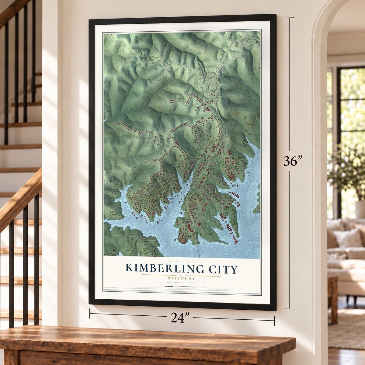 Kimberling City, Missouri map, 24 x 36 inch print in a black frame by a staircase