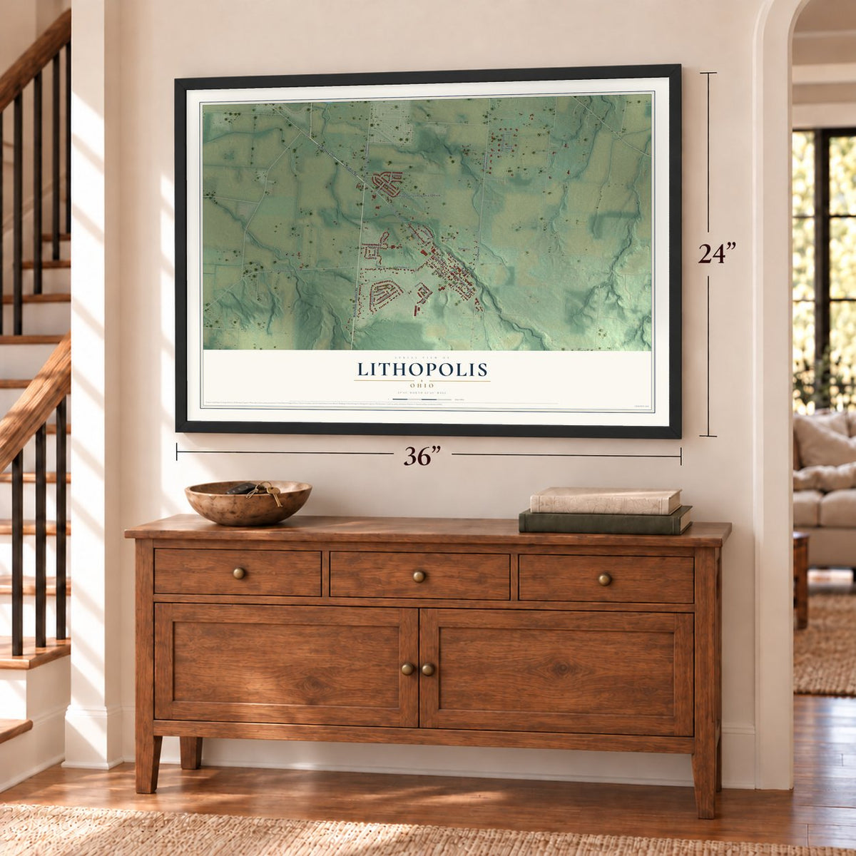 Lithopolis, Ohio map, 24 x 36 inch print in a black frame above a dresser by a staircase