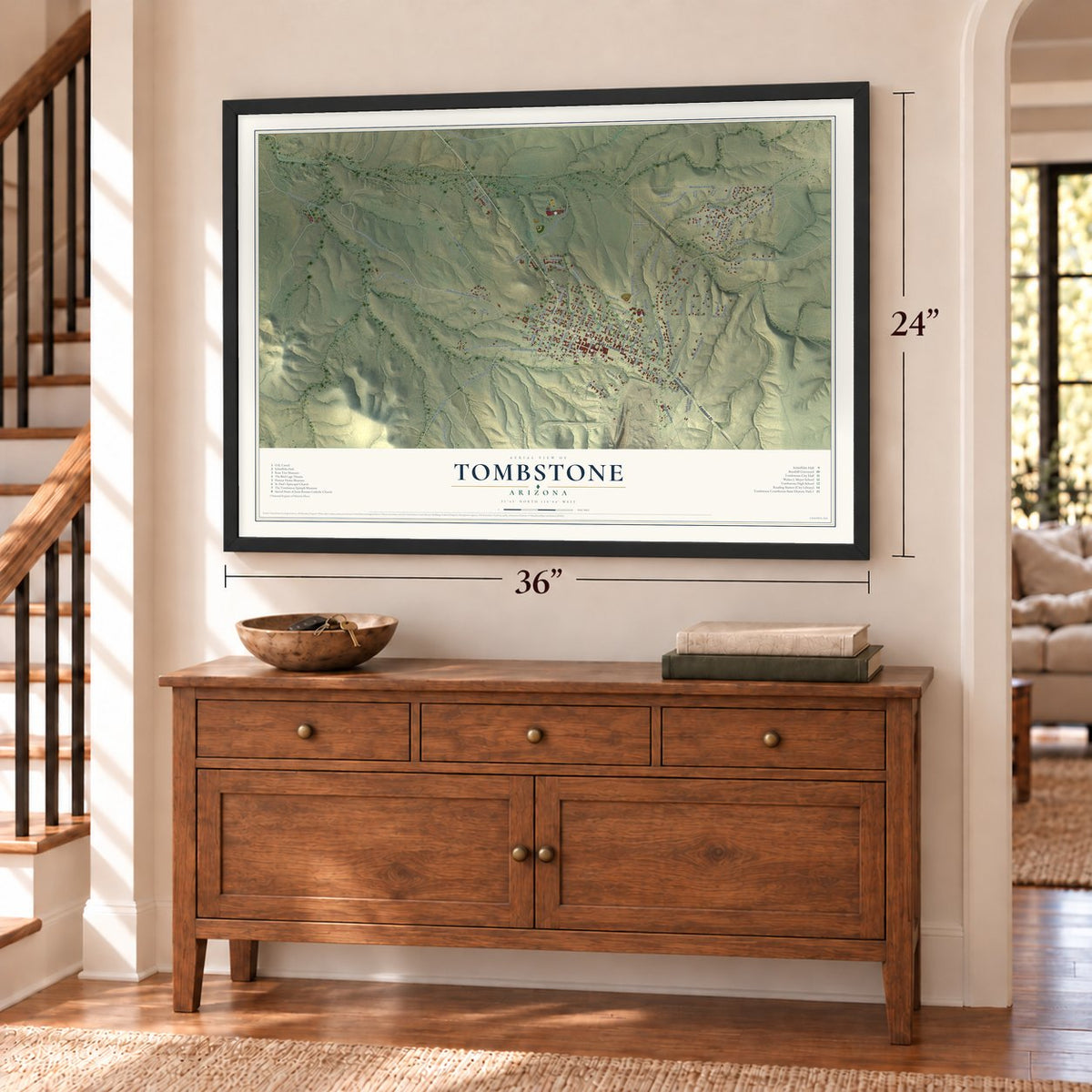 Tombstone, Arizona map, 24 x 36 inch print in a black frame above a dresser by a staircase