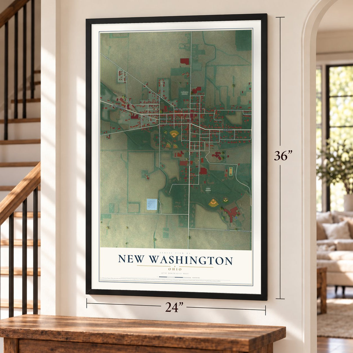 New Washington, Ohio map, 24 x 36 inch print in a black frame by a staircase