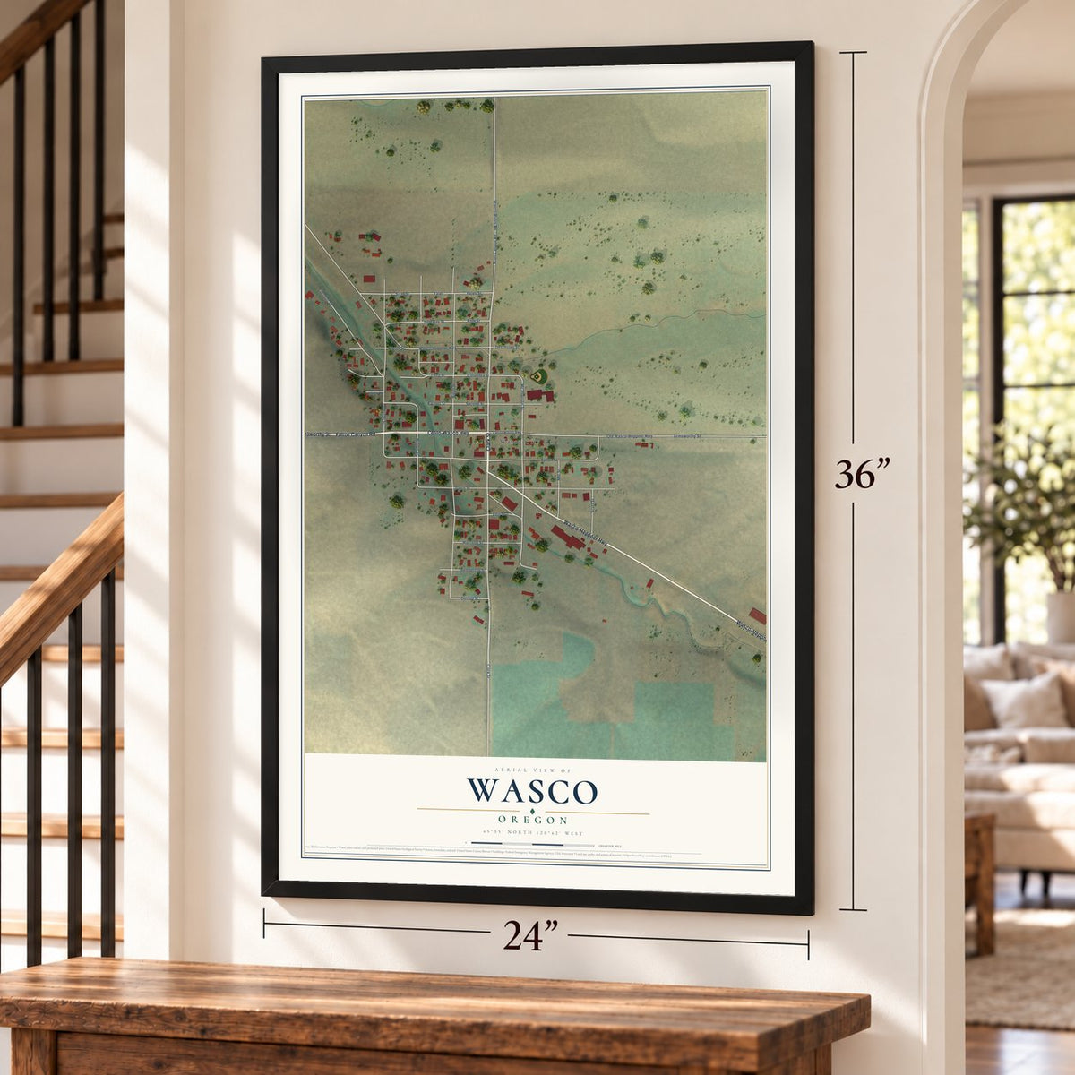 Wasco, Oregon map, 24 x 36 inch print in a black frame by a staircase