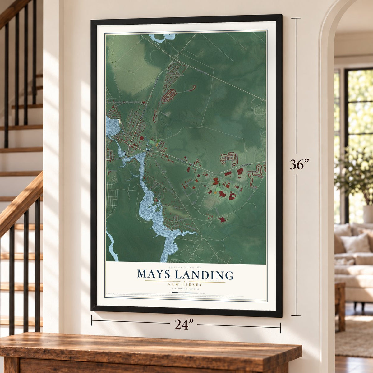 Mays Landing, New Jersey map, 24 x 36 inch print in a black frame by a staircase