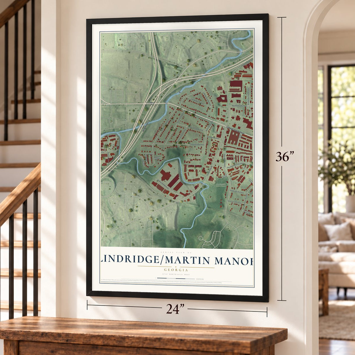 Lindridge-Martin Manor, Georgia map, 24 x 36 inch print in a black frame by a staircase