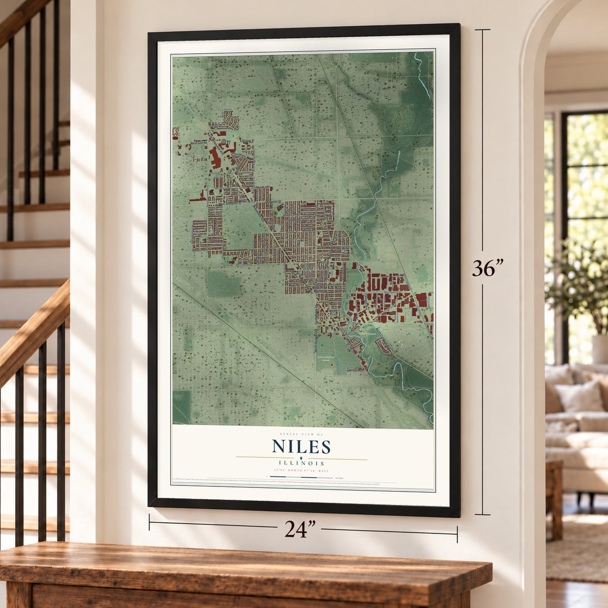 Niles, Illinois map, 24 x 36 inch print in a black frame by a staircase