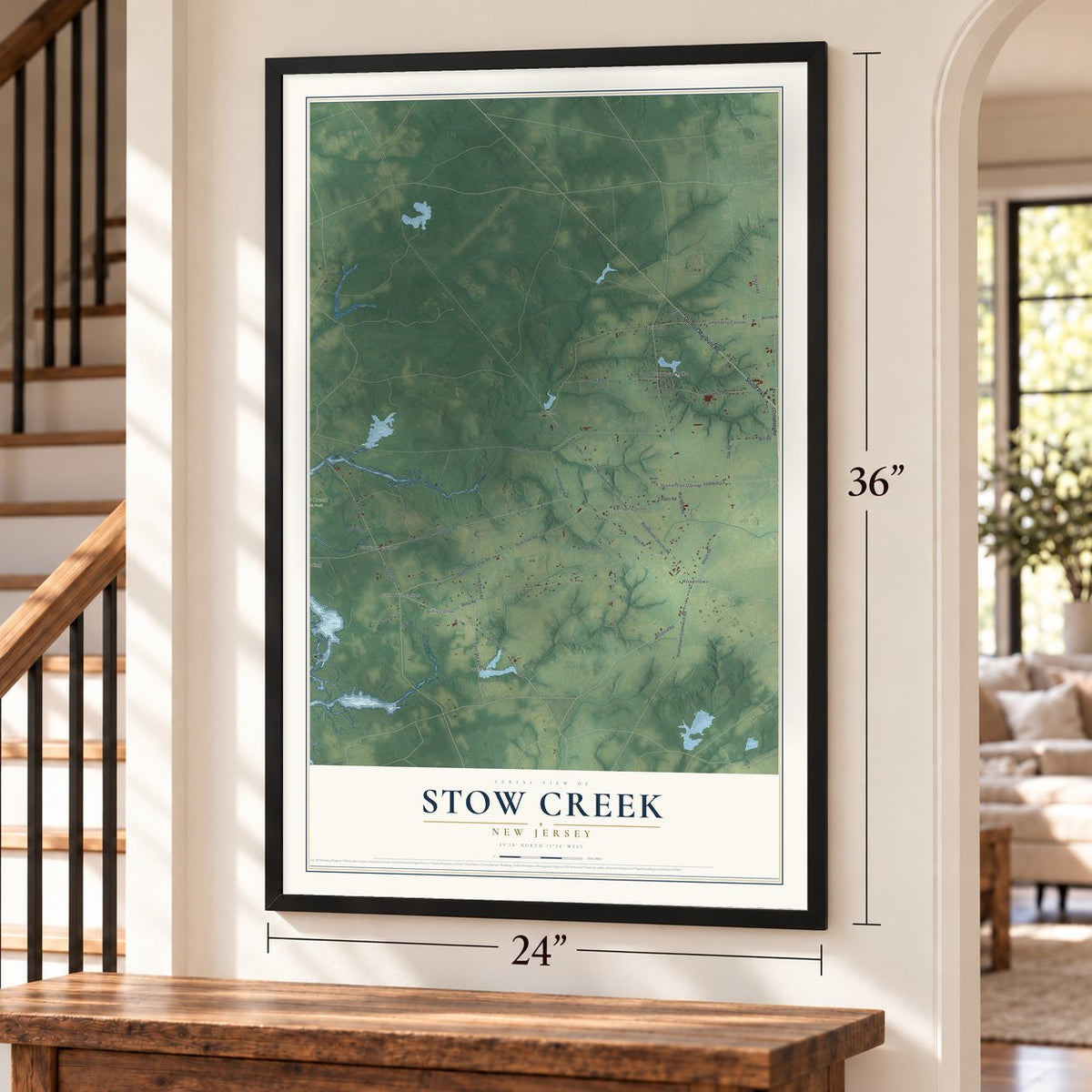 Stow Creek, New Jersey map, 24 x 36 inch print in a black frame by a staircase