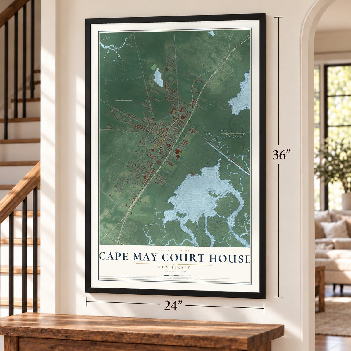 Cape May Court House, New Jersey map, 24 x 36 inch print in a black frame by a staircase