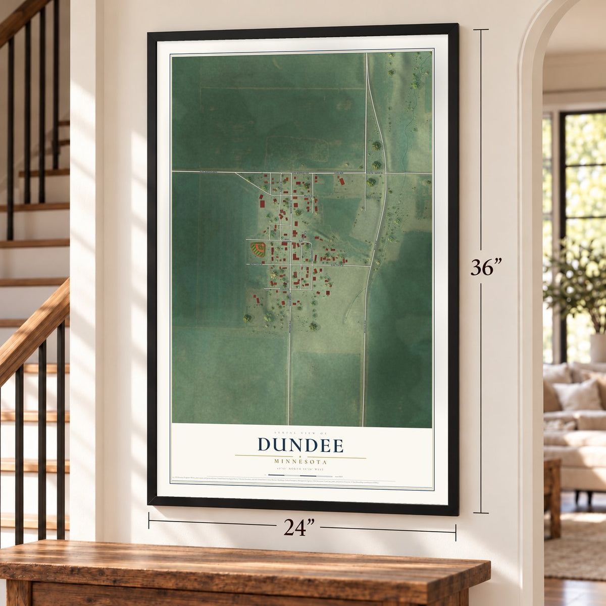 Dundee, Minnesota map, 24 x 36 inch print in a black frame by a staircase
