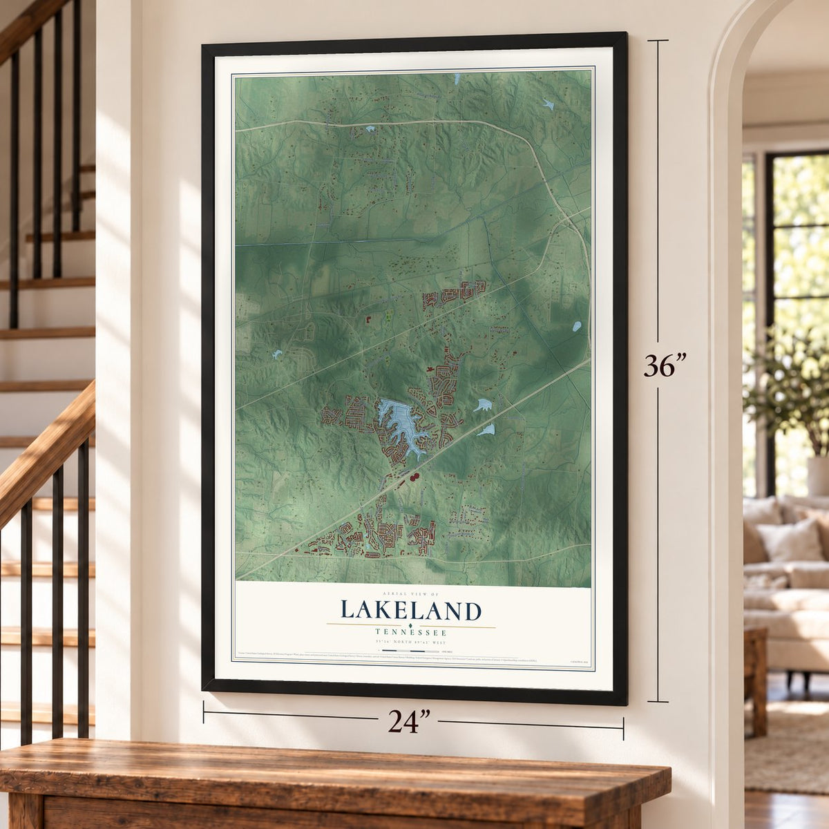 Lakeland, Tennessee map, 24 x 36 inch print in a black frame by a staircase