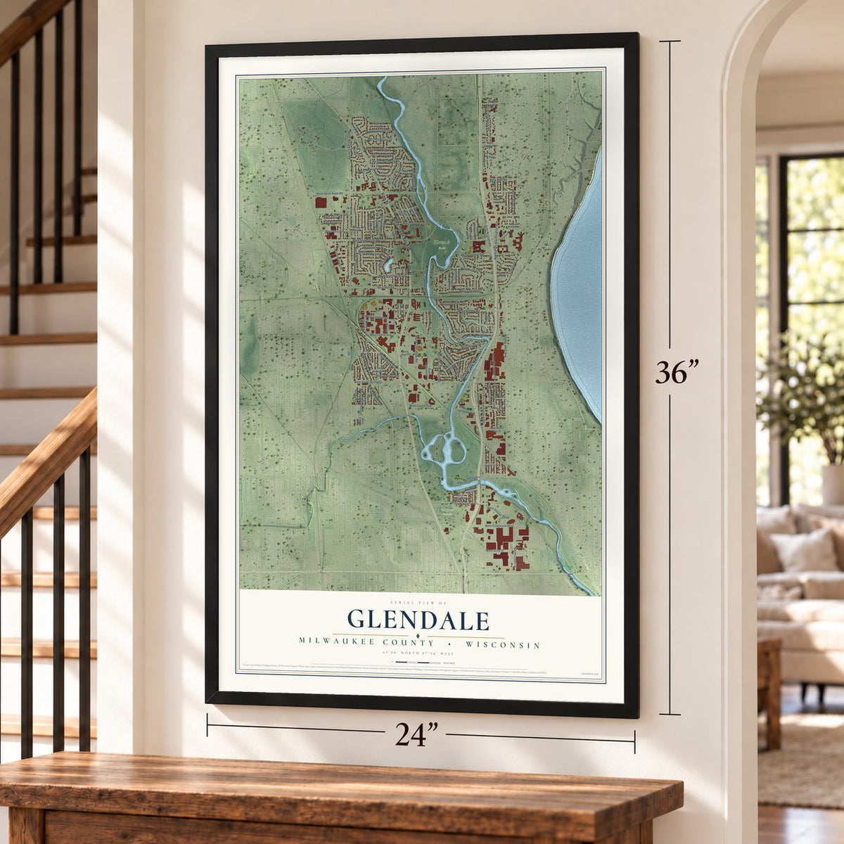 Glendale, Milwaukee County, Wisconsin map, 24 x 36 inch print in a black frame by a staircase