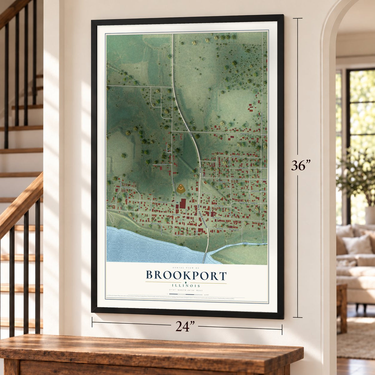 Brookport, Illinois map, 24 x 36 inch print in a black frame by a staircase