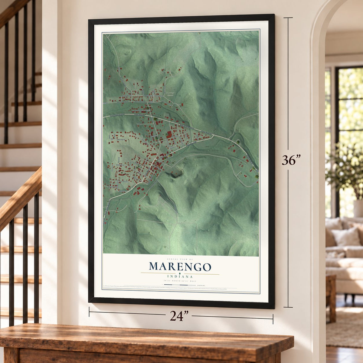 Marengo, Indiana map, 24 x 36 inch print in a black frame by a staircase