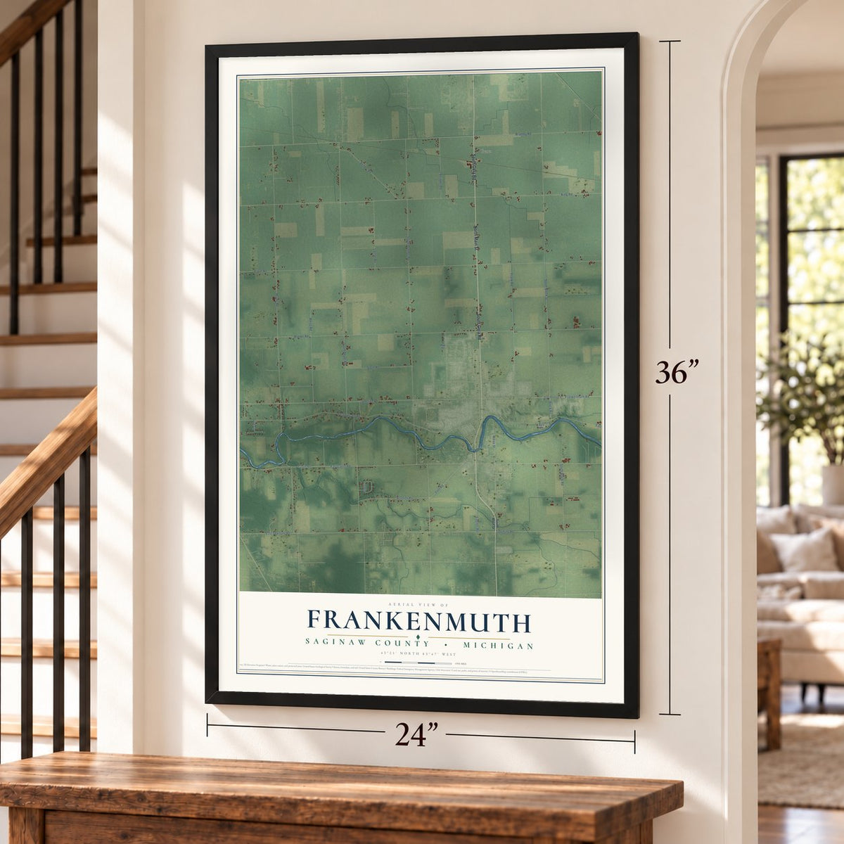 Frankenmuth, Saginaw County, Michigan map, 24 x 36 inch print in a black frame by a staircase