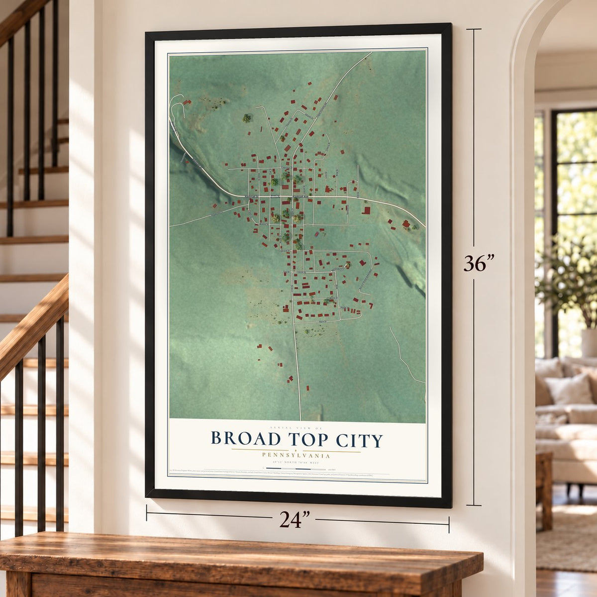 Broad Top City, Pennsylvania map, 24 x 36 inch print in a black frame by a staircase