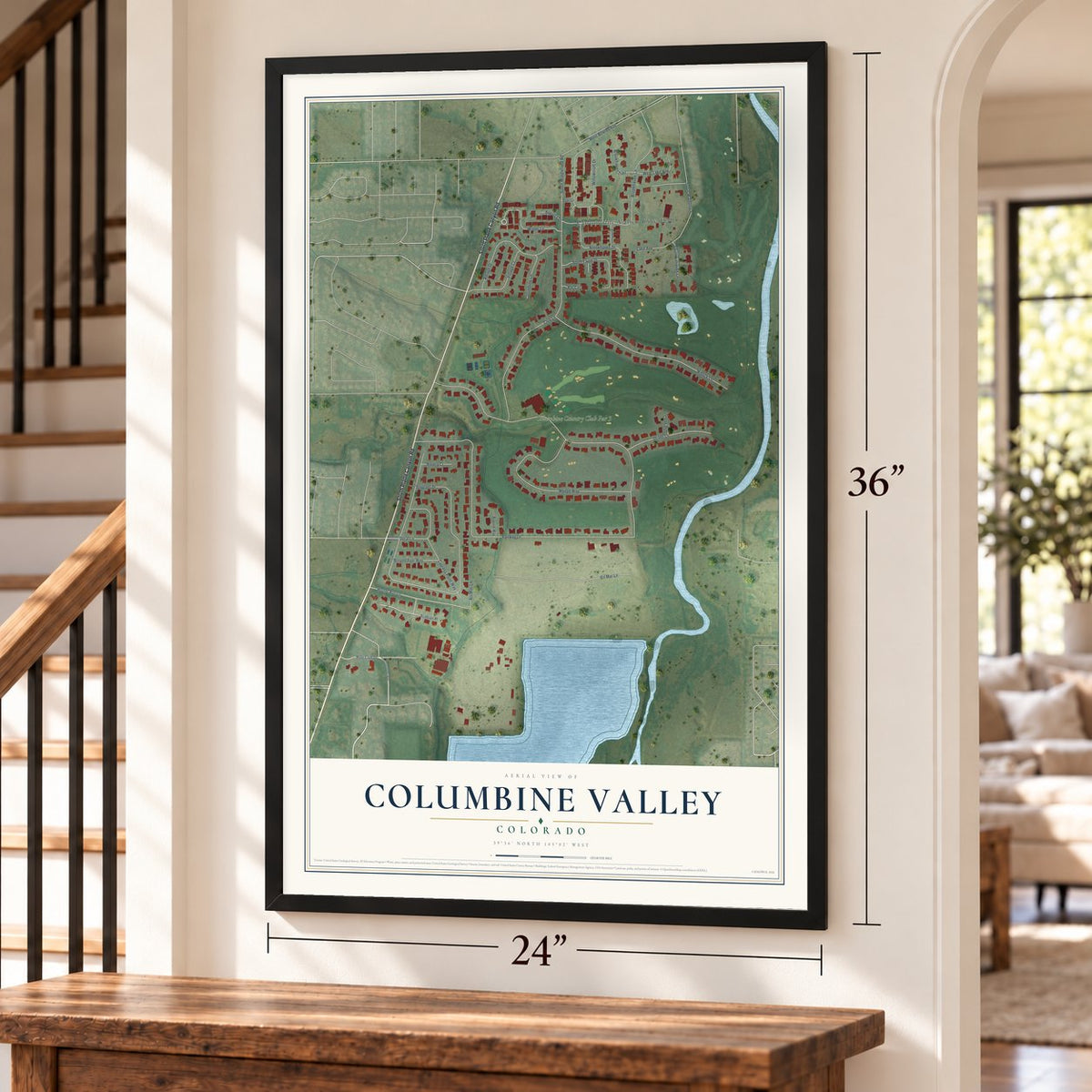 Columbine Valley, Colorado map, 24 x 36 inch print in a black frame by a staircase