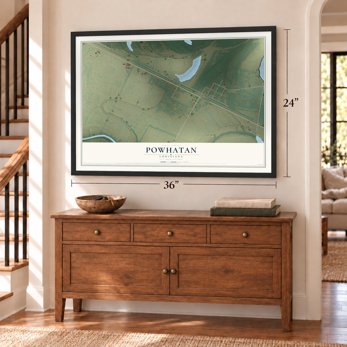 Powhatan, Louisiana map, 24 x 36 inch print in a black frame above a dresser by a staircase