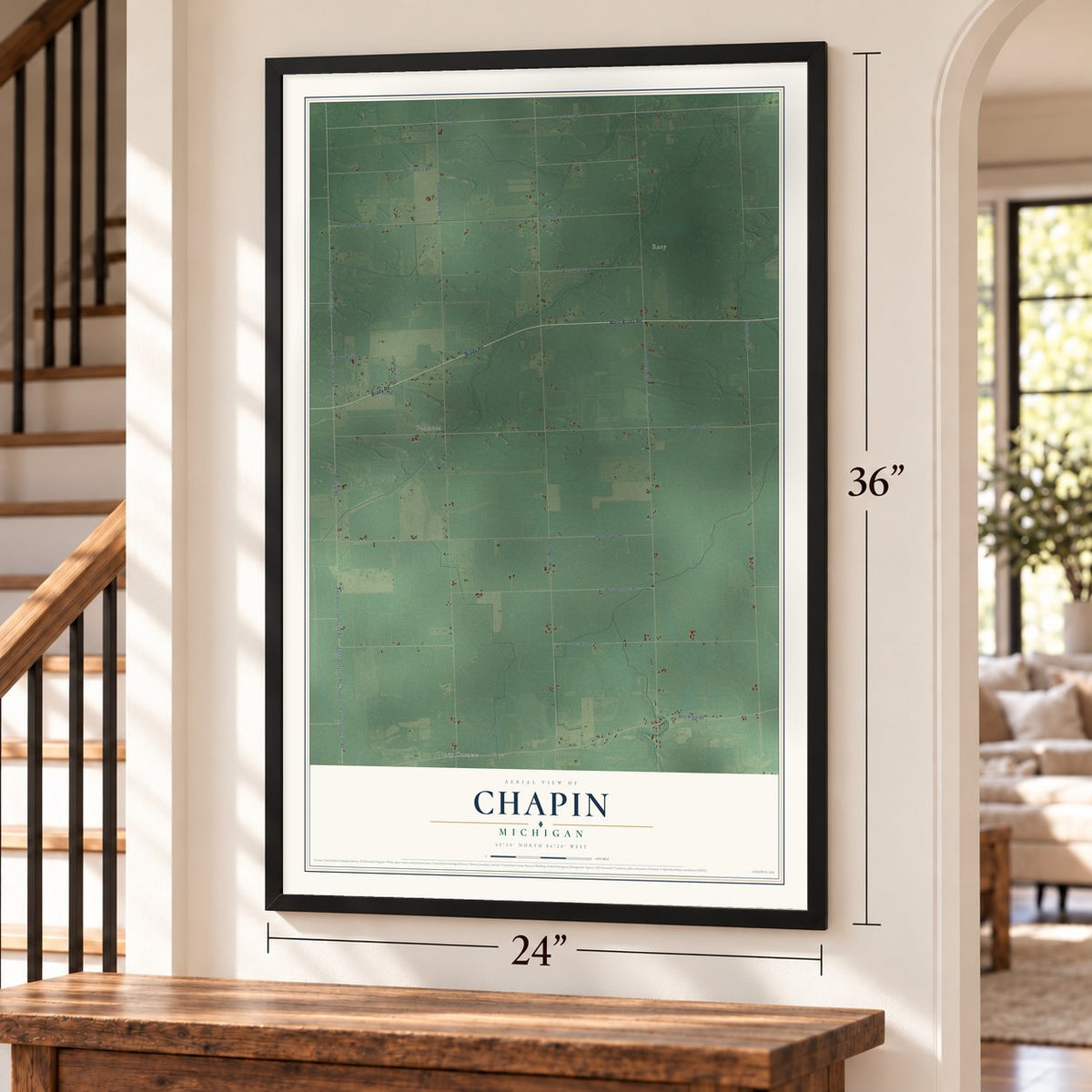 Chapin, Michigan map, 24 x 36 inch print in a black frame by a staircase