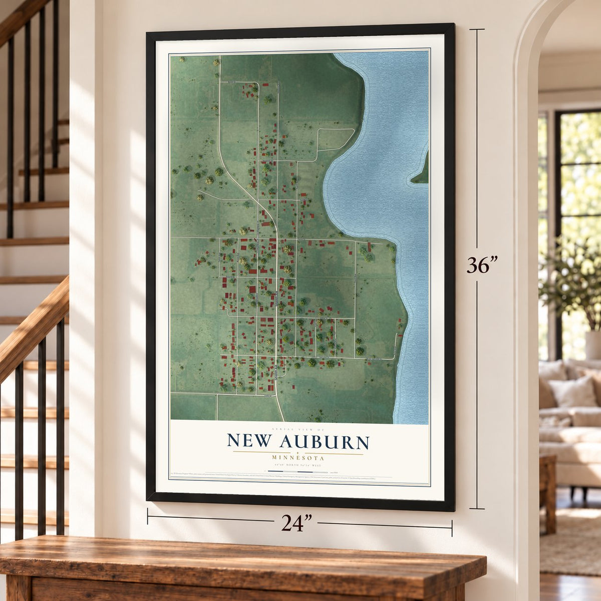 New Auburn, Minnesota map, 24 x 36 inch print in a black frame by a staircase