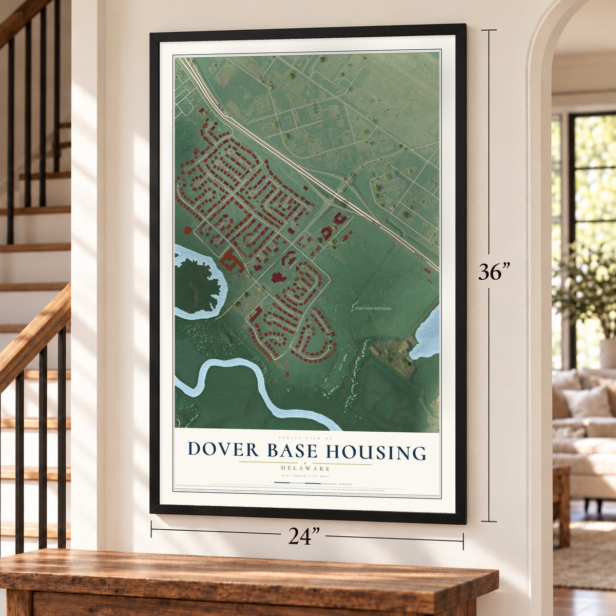 Dover Base Housing, Delaware map, 24 x 36 inch print in a black frame by a staircase
