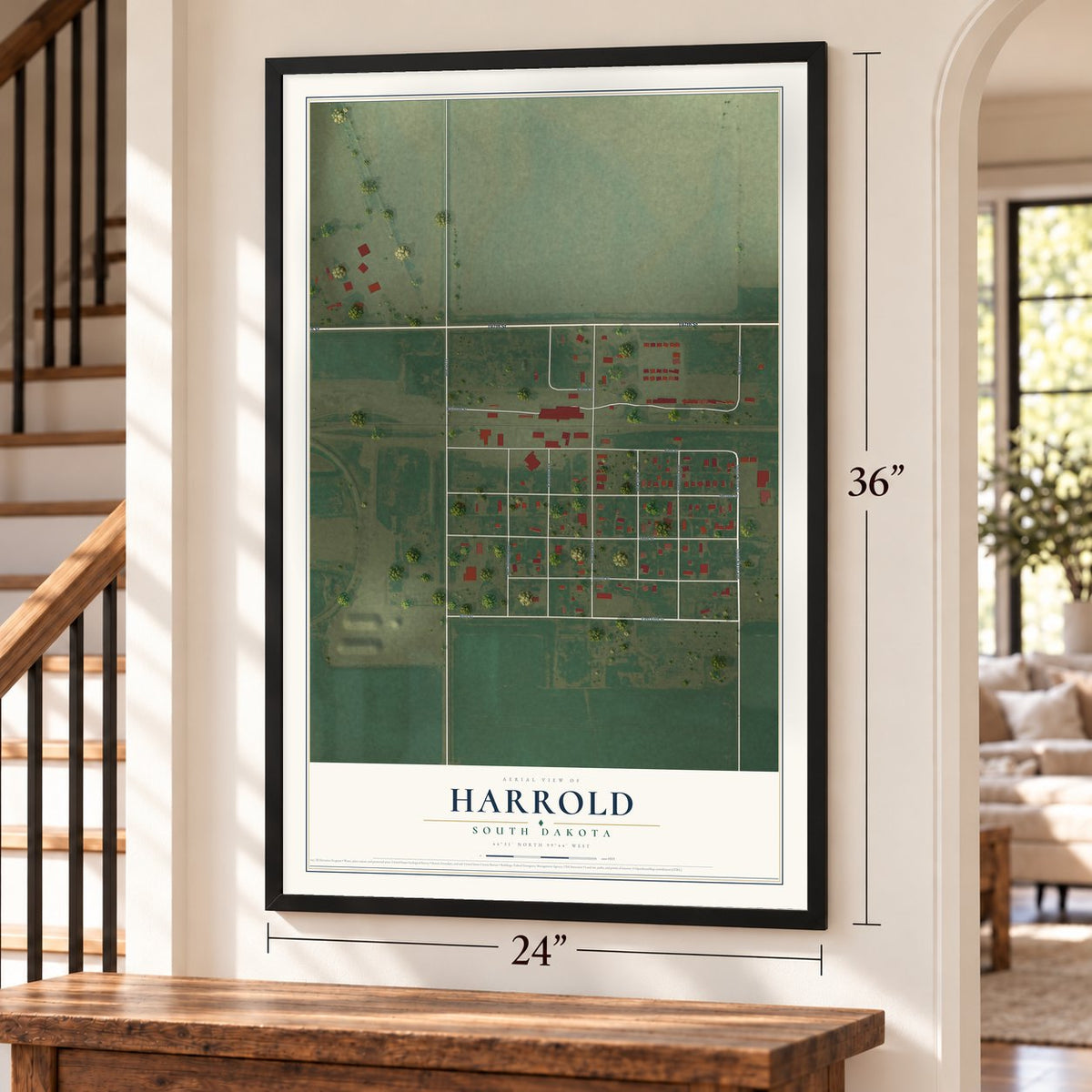 Harrold, South Dakota map, 24 x 36 inch print in a black frame by a staircase