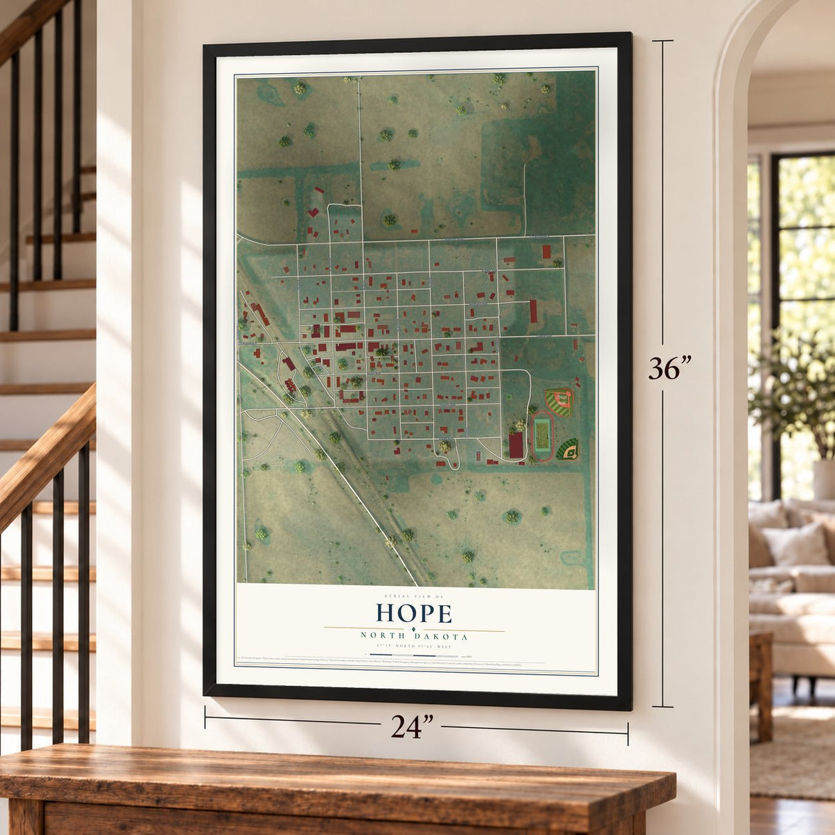 Hope, North Dakota map, 24 x 36 inch print in a black frame by a staircase