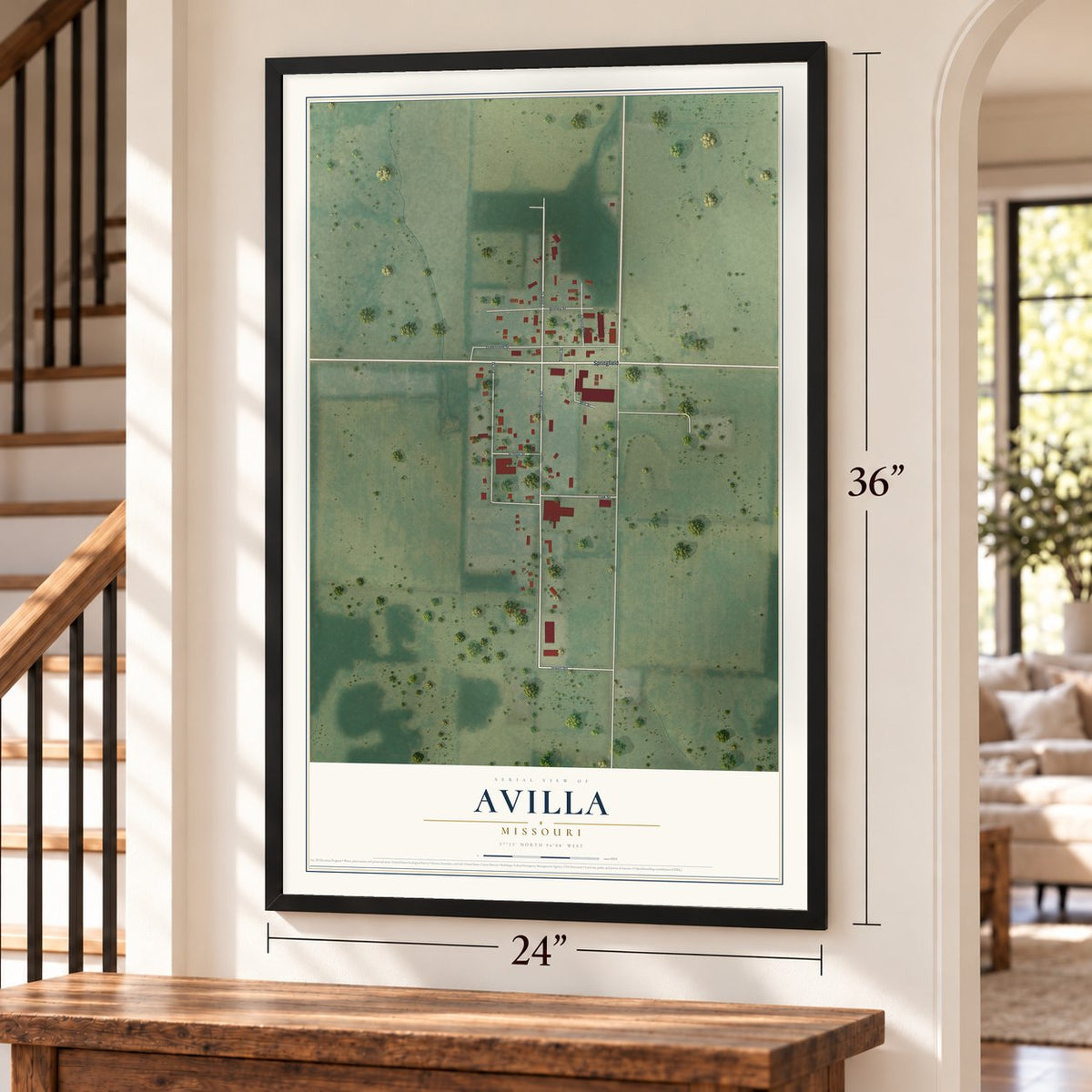 Avilla, Missouri map, 24 x 36 inch print in a black frame by a staircase