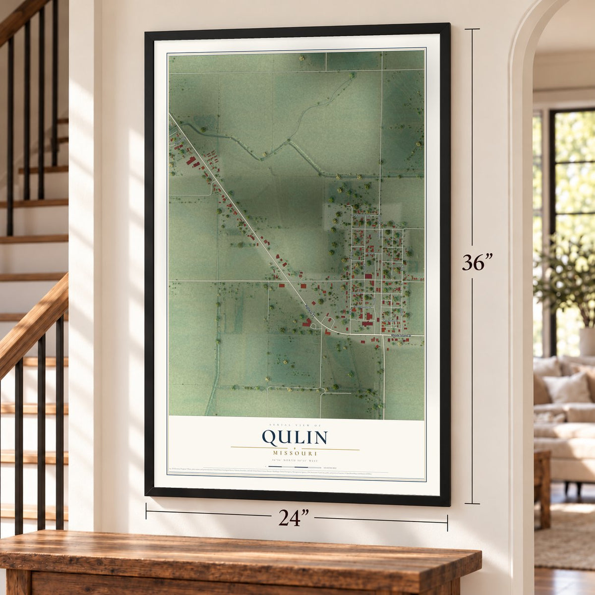 Qulin, Missouri map, 24 x 36 inch print in a black frame by a staircase