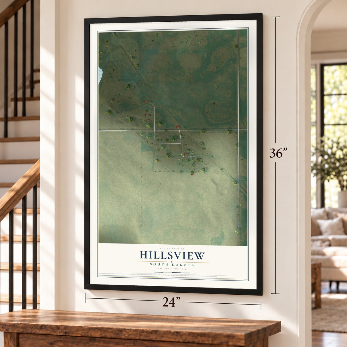 Hillsview, South Dakota map, 24 x 36 inch print in a black frame by a staircase
